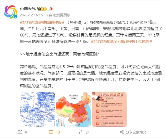 北方进入“烧烤模式”:42℃都排不上全国高温前十 地表温度突破70℃