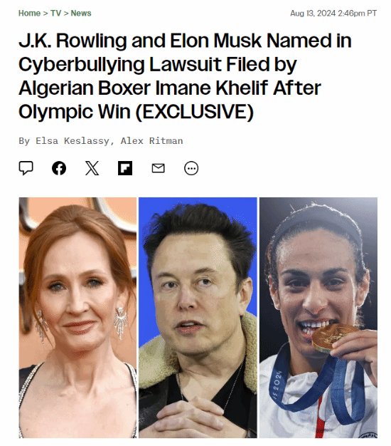 奥运冠军哈利夫起诉马斯克与JK罗琳:誓言打击网络暴力与性别歧视