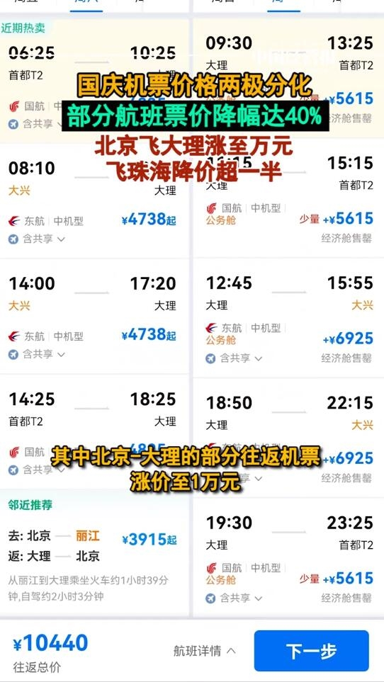 国庆机票价格分化明显:热门线路降价,部分目的地飙升至万元