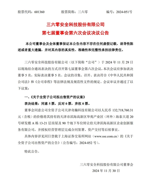 周鸿祎公司出售房产车位套现1.33亿，预计增利4350万
