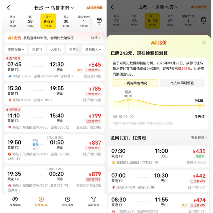 国庆机票价格走低，美团AI比价功能助力用户精准购票